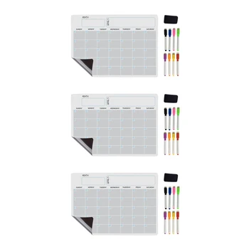 3X Магнитна дъска формат А3, набор на календари, сухо изтриване, седмично дъска за хладилник, хладилник за кухня 17X12 инча