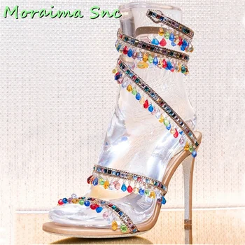 Луксозни сандали на висок ток с декорация във формата на кристали, с отворени пръсти, многоцветни, цвят шампанско, пикантен дамски обувки за банкети и партита, модни години