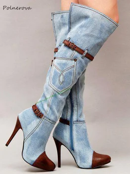 Сини дънкови лоскутные ботуши до коляното с украса като катарами на колани, обувки в стил ретро с остри пръсти, новост 2023 г., боядисана дамски обувки за партита