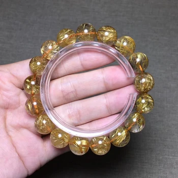 Естествени бразилски златна гривна от рутилового титан и кварц 12 мм женски мъжка гривна от богатия камък, прозрачни кръгли перли, кристални висулки AAAAA