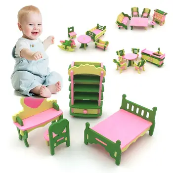 1 комплект дървени куклена къща, миниатюрни мебели, набор от детски играчки, детски мебели, на миниатюрна стая, определени куклено играчки, подаръци, аксесоари за кукли 