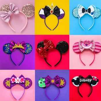 2023 Disney превръзка на главата с уши на Мики Маус Encanto за момичета, дамски аксесоари за коса, детски вечерни шапки с пайети и лък, аксесоари със собствените си ръце