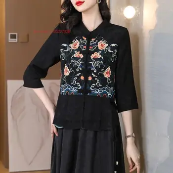 2023 дамска блуза hanfu с цветна бродерия, традиционна женска сатен жаккардовая блуза, дрехи hanfu, традиционен ориенталски костюм от епохата на тан