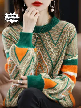 2023, Есенна мода, нов топъл пуловер с кръгло деколте, без контрастен пуловер с диаманти, ретро елегантен всекидневен вълнен пуловер вязаный