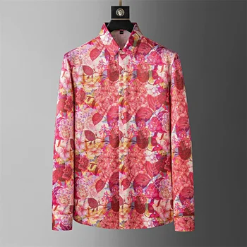 2023 Есенна риза с цветен модел за мъже, модни ежедневни ризи Slim Fit с дълъг ръкав, високо качество на бизнес ризи за офис