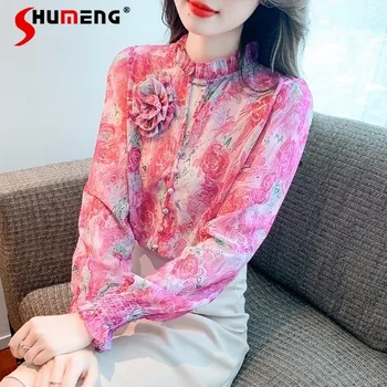 2023 Есенна шифоновая риза с дълъг ръкав и цветен модел, женски дизайн, обемни цветя, сладки фини блузи и блузи, дамски