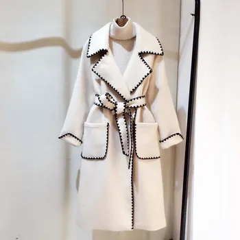 2023 Есенно-зимни модни дамски яке с вълниста бродерия от двете страни, свободни дълги ръкави, с ревери, дебел, плюс дълъг тренч, вълна палто с колан