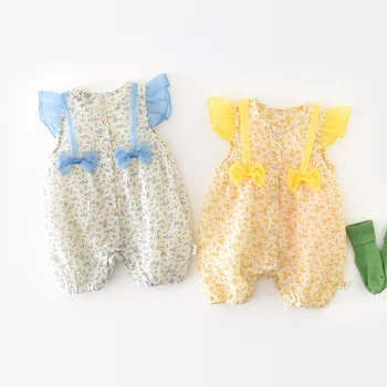 2023 Летен детски гащеризон за новородени момичета гащеризон на Цветя от фин памук за малки момичета Скъпа однобортная пижама с летящими ръкав