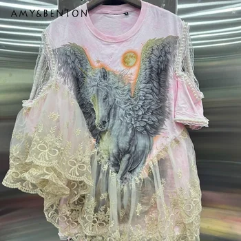 2023 Лятна Нова Таиландская Куха Нерегулярная Строфа От Завързана на Прежди с изображение на Орел, Розов Свободна Тениска за жени, Дрехи Y2k, Блузи, Тениски