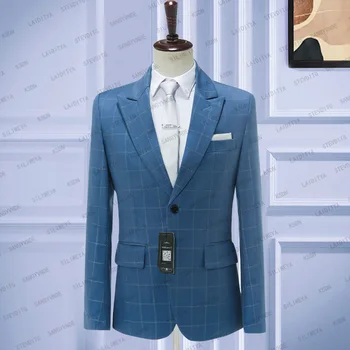 2023 Модерен нов мъжки костюм в синя клетка, оборудвана бизнес костюм за банкет, ежедневни яке Terno Masculino размер плюс, блейзери, палта 2023 Модерен нов мъжки костюм в синя клетка, оборудвана бизнес костюм за банкет, ежедневни яке Terno Masculino размер плюс, блейзери, палта 0