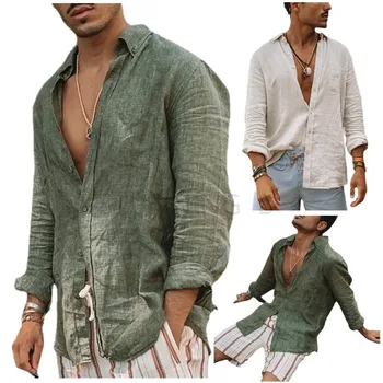 2023 Мъжки ежедневни ризи от памук и лен с висока яка, мъжки обикновена блузи с дълги ръкави, пролет-есен, красиви мъжки ризи