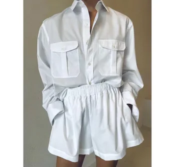 2023 Нова градинска мода, отложной яка, украса с двоен джоб, дамска риза голям размер + панталонки с еластична талия, комплект