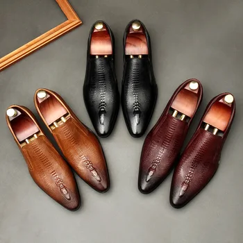 2023, Пролетно-есенна бизнес обувки от телешка кожа с остри пръсти, тенденция обувки без обков с шарките на крокодилска кожа, мъжки официалната кожени обувки