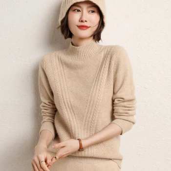 2023 Пуловер с висока воротом Наполовина Жена На Базата На 100% Чиста Вълна Корейската Версия на Свободен Дебел Жаккардовый Случайни Топъл Дълъг Ръкав