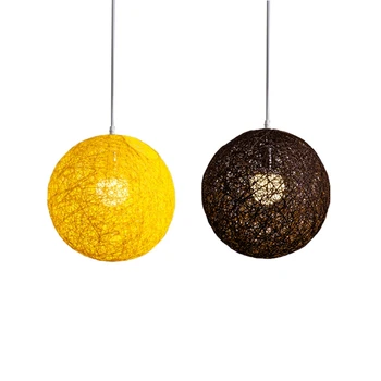 2X Кофейно-жълт полилей от бамбук, ратан и канабис с топки за индивидуално творчество, сферична лампа-гнездо от ратан