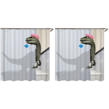 2X Красива завеса за душ с принтом динозавър за къпане, водоустойчив завеса за баня, аксесоари за душ, душ завеса за баня 180x180 cm