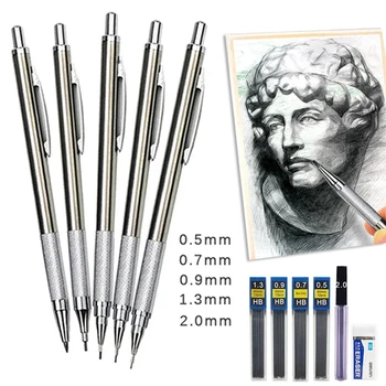 4 бр./компл. Изцяло метална механични моливи 0,5 0,7 0,9 1,3 2,0 мм, студентски художествен скица, сменяеми грифели HB, канцеларски материали, ученически пособия