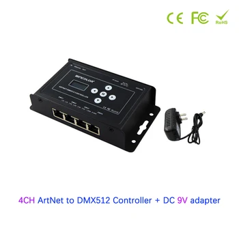 4-канален led контролер ArtNet до DMX512 с LCD екран, функция за запис/възпроизвеждане на SD, 8 изходни сигнали за синхронизация DMX512 + адаптер 9V