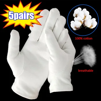 5 двойки бели памучни работни ръкавици за сухи ръце, филмови СПА-ръкавици, церемониални ръкавици с висока еластичност, домакински почистващи средства