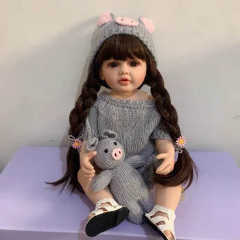 55 СМ Мека Силиконова Vinyl Кукла Reborn Baby Doll 22 инча С Дълги Коси Момиче Кукла Играчка за Момичета Реалистични Кукли Reborn за Деца