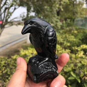 8 см Натурален черен кристал обсидиан Каменна врана фигурка на животно ръчно изработени Енергийни изделия Декорация на дома, подарък