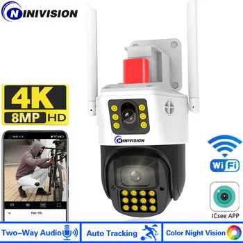 8MP 4K Двухобъективная PTZ IP Камера Външно Ai Проследяване на човек за ВИДЕОНАБЛЮДЕНИЕ Камера за Сигурност Цветно Нощно Виждане Wifi Камера за Наблюдение iCSee