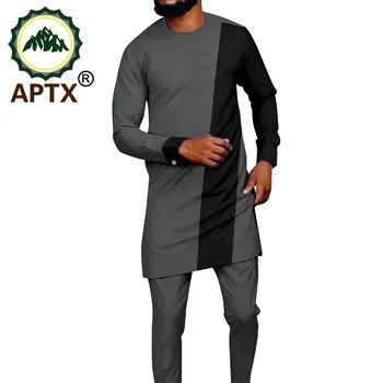 APTX Африка Мъжки Комплект Анкара, Облекло, 2 броя, с Дълъг Топ в стил Мозайка + Панталони Пълна Дължина, Всекидневен Костюм A2216168