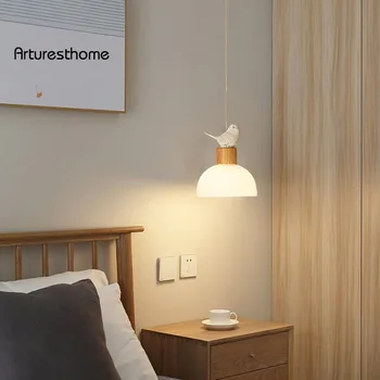 Arturesthome Творчески окачен лампа с птица, японски стил, полилей от вход дърво, полилей от стъкло, скандинавски спалня, малка подвесная лампа