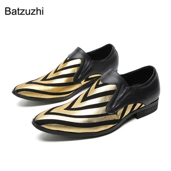 Batzuzhi/ модни мъжки обувки черно златист цвят; кожени модела обувки без закопчалка за мъже; официалната бизнес/празнична обувки за мъже!Голям размер 37-47
