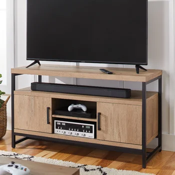 Better Homes & Gardens Jace Промишлена дървена правоъгълна медии-конзола за телевизор до 55 инча, мебели за дневна от естествен дъб