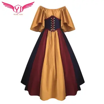 Cos Женски костюми за Хелоуин, европейският средновековен двор, необичаен cosplay средновековна вещица, ренесанса готически дантелени рокли Макси