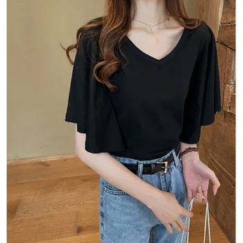 DAIFA 2023, нова лятна модни дамски однотонная тениска с V-образно деколте и изгорени ръкав, блуза, черен цвят