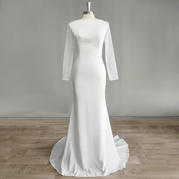 DIDEYTTAWL Актуални снимки в Сватбена рокля на русалка от крепа с дълги ръкави, прозрачни лейси апликация на гърба, сватбената рокля на поръчка