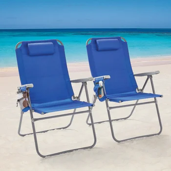 Foldout 4-цифрен плажен стол големи размери, 2 комплекта, синя патио мебели, градински стол, градинска мебел