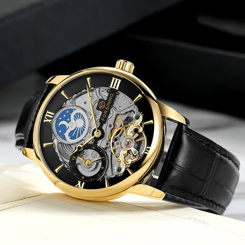 FORSINING Оригинални мъжки часовници с автоматично скелетните циферблат GMT, двойно време AM / PM, фазата на Слънцето и Луната, кожена каишка, механичен мъжки часовник