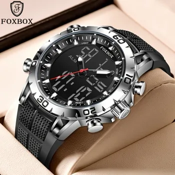 FOXBOX Мъжки спортни часовници, най-добрата марка за Луксозни кварцов часовник с двоен дисплей, мъжки военни водоустойчив часовник, дигитални електронни часовници