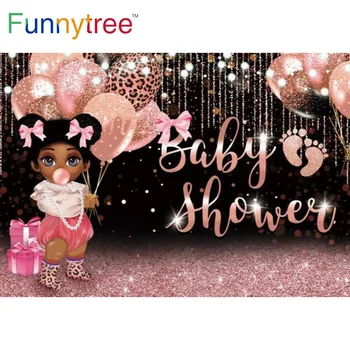 Funnytree Baby Shower Розово блестящ фон Пътека от балони Подарък с леопардовым принтом Розово злато Боке Кукла фон за една фотосесия