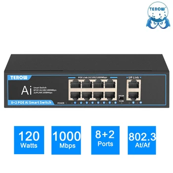 Gigabit switch TEROW 10/100/1000 Mbit/s, 8 Порта POE + 2 Порта Възходящата връзка 52V VLAN 802.3 AF/AT, Мрежов комутатор за IP камери/Безжична точка за достъп/NRV