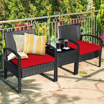 Gymax 3 бр. комплект мебели за беседки от ратан за двор в открито с червени възглавнички.