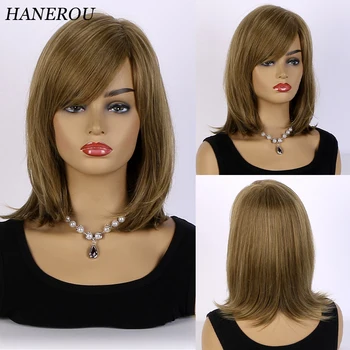 HANEROU Кратък права перука от синтетична кафяви женски естествена коса огнеупорни перука за ежедневни партита Cosplay