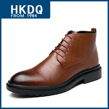 HKDQ Модерен мъжки модел обувки джоб с високо берцем, кафяви кожени обувки с остри пръсти, удобни мъжки официални обувки в британски стил