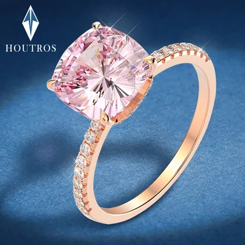 Houtros Пръстен с розов скъпоценния камък от сребро 925 проба 10*10 мм, искрящееся высокоуглеродистое диамантен годежен пръстен, бижута подарък