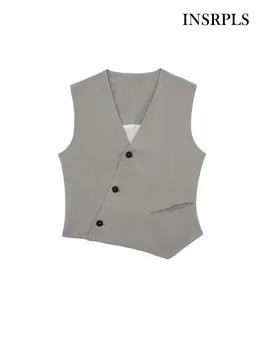 INSRPLS Дамска мода асиметрична жилетка копчета отпред, реколта дамски връхни дрехи без ръкави с V-образно деколте, шик елеци, блузи