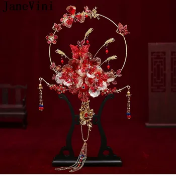 JaneVini 2021 Нов стил Червен булчински букет за Сватбен фен Кухи бродирани мъниста цветя на булката Пеперуда Пискюл китайски метален сватбен фен