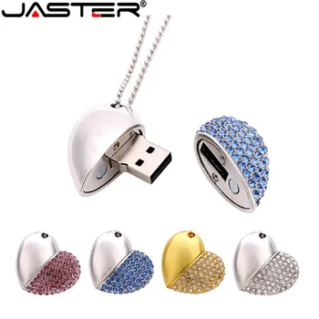 JASTER USB флаш памет с кристалалми и кристали, висулка на веригата във формата на сърце, 64 GB, розово 32 GB, златно колие, карта памет, подарък за празниците