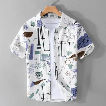 JRJZ 2023, летни мъжки удобни памучни ризи от полиестер с къс ръкав и принтом, свободна модни проста многостранен младежки свежа риза
