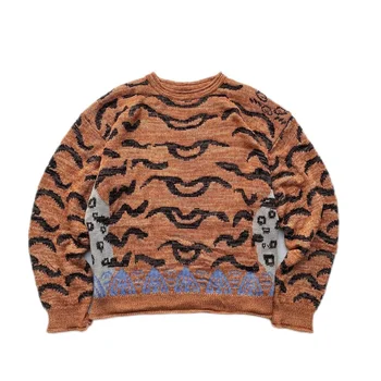 KAPITAL Hirata Hohiro, ретро пуловер с принтом леопард и тигър, пуловер за мъжете и жените, свободен кръгъл отвор, оранжево, вязаный MY666
