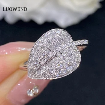 LUOWEND Пръстен от бяло злато 18 Карата с тези естествени диаманти, луксозни и елегантни пръстени във формата на листа за жени, сватбени декорации по поръчка