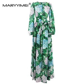 MARYYIMEI Модно дизайнерско Пролет-есен женствена рокля с дълги ръкави и цветисти принтом под формата на зелени листа, Шифоновые Макси Дълги рокли дантела