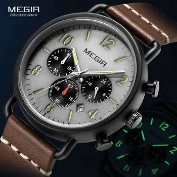 MEGIR мъжки часовник 2023 Луксозен висок клас марка, кожена каишка, хронограф, кварцови часовници, мъжки модни военни светлинен часовник 2158